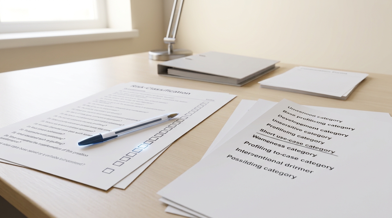 A printed AI-system risk-classification questionnaire on a desk, most boxes checked in ink, one box beside a profiling question still open and a pen resting across it, an Annex-style category list open beside it