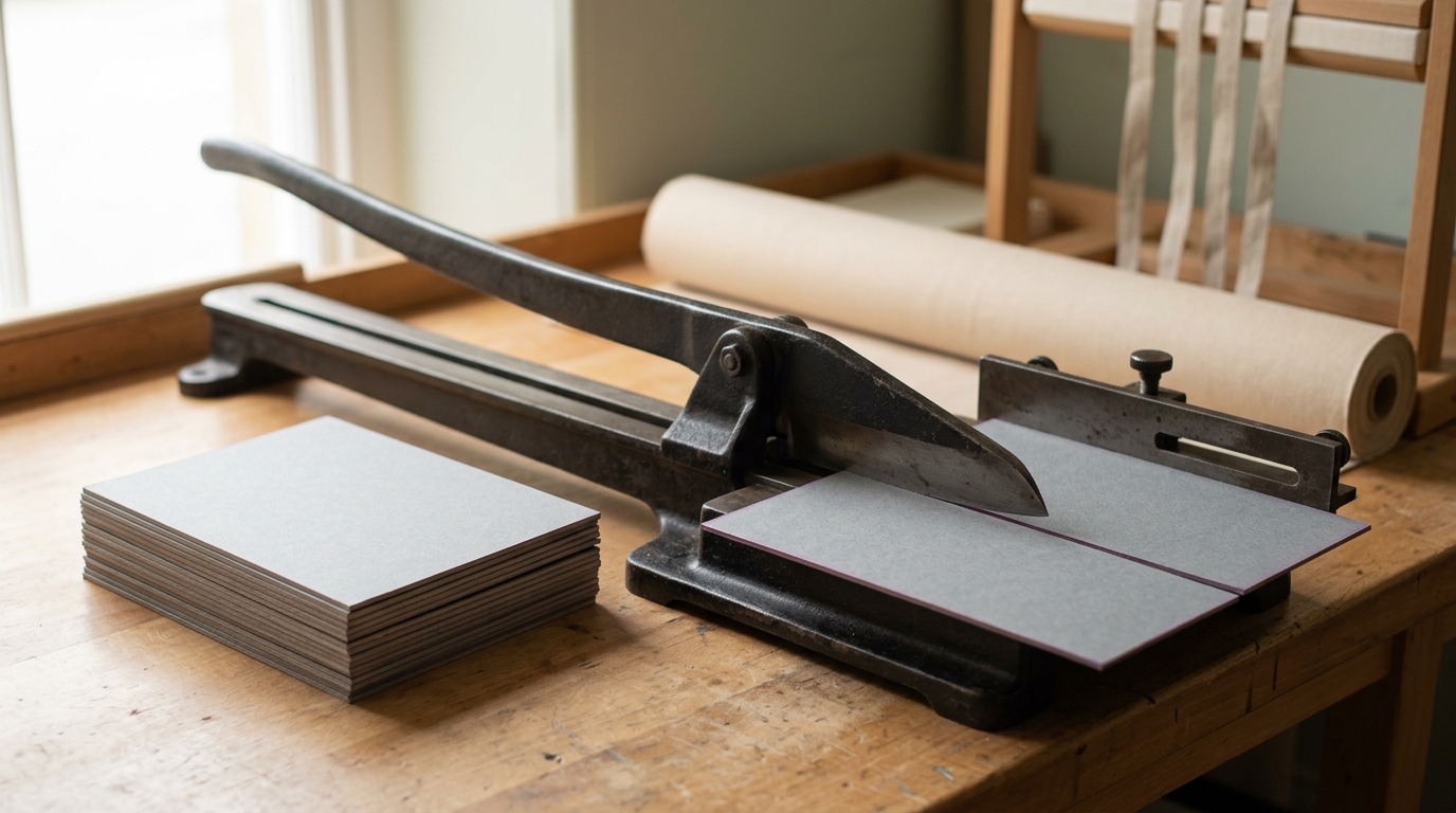 A board shear with a squared stack of identically cut binder's boards beside it and one board caught partway through the cut, the back gauge behind it sitting a hair out of line