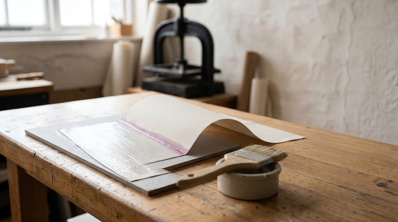 A length of pale bookcloth caught half laid into fresh wheat paste on a binder's board, one half already down and darkened by the paste while the free half is still lifted clear in a shallow curve