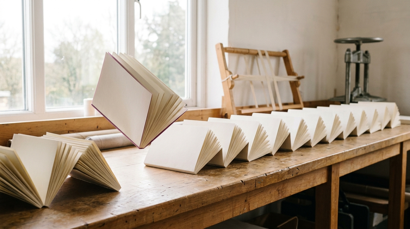 Folded paper signatures laid in gathering order along a bindery bench with one signature caught being lifted from the middle of the sequence