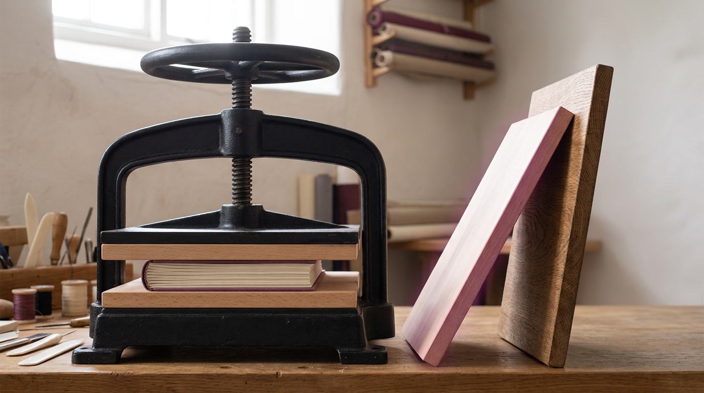 A standing press whose pressing boards are being exchanged for a differently faced pair, one board caught half withdrawn while a finished book waits beneath