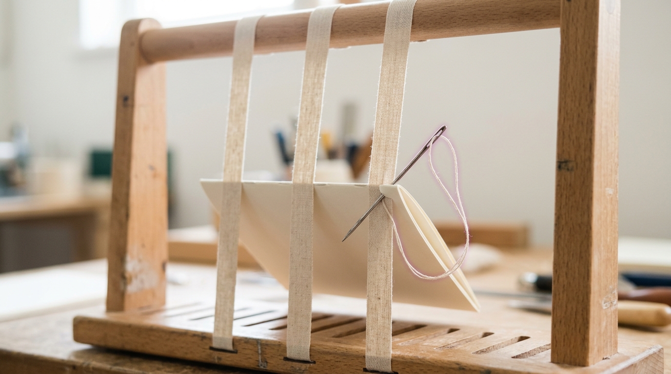 A sewing frame with linen tapes under tension and a needle caught mid-pass through a signature fold, the thread not yet drawn home