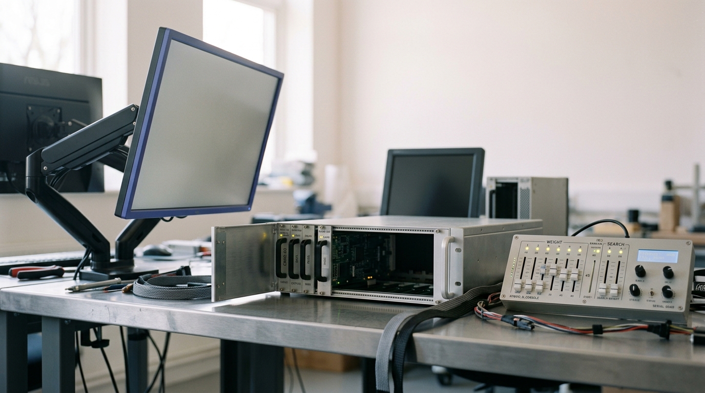 A long retrieval-engineering bench with monitor arms turned obliquely over an ingestion rack, a fader-lit weighting console and a bench-top test rig, one screen caught mid-refresh