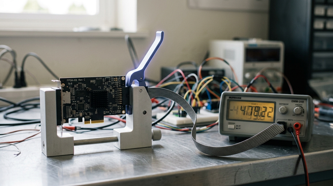A bench-top test rig holding a small compute card in an open clamp, the latch arm swung open and a timing readout beside it mid-count