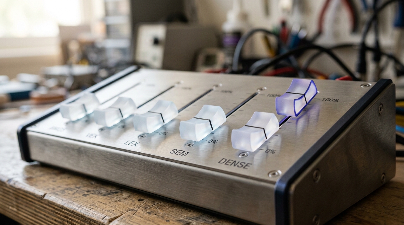 A hybrid-search weighting console with a row of backlit faders behind frosted acrylic caps, one fader caught mid-slide between its two end-stops