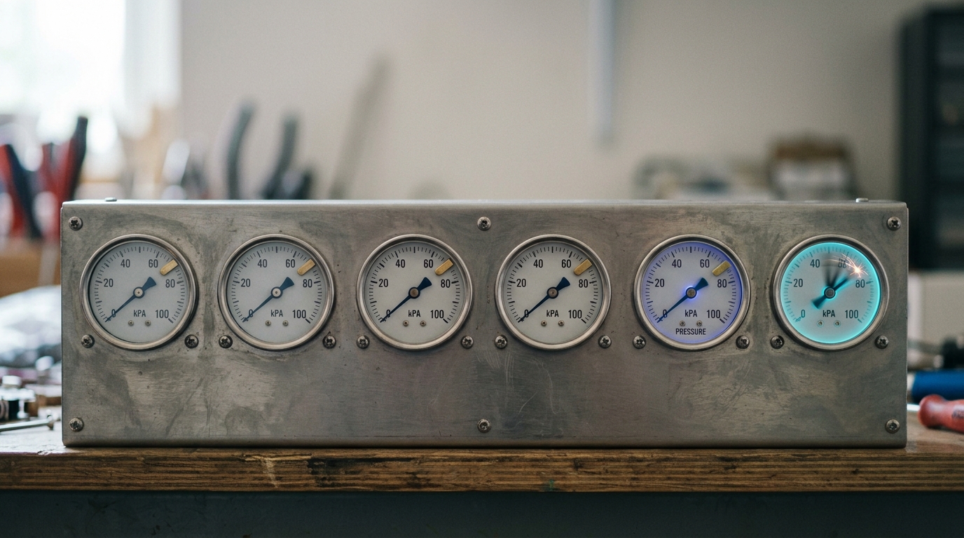 A bank of analogue-style gauges mounted on the bench, one needle caught mid-swing crossing a raised threshold marker on its dial