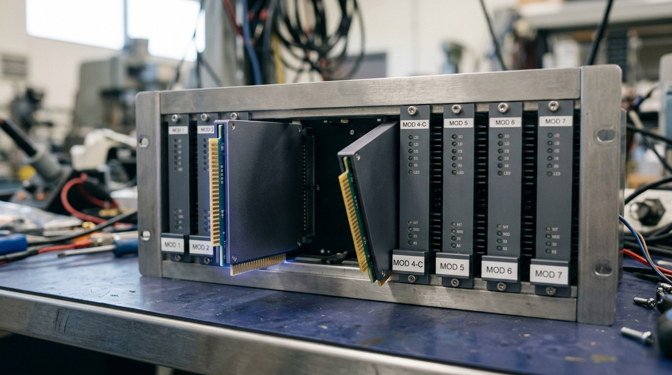 A compact storage array on the bench with one index-segment module caught halfway out of its bay while a fresh module slides in behind it