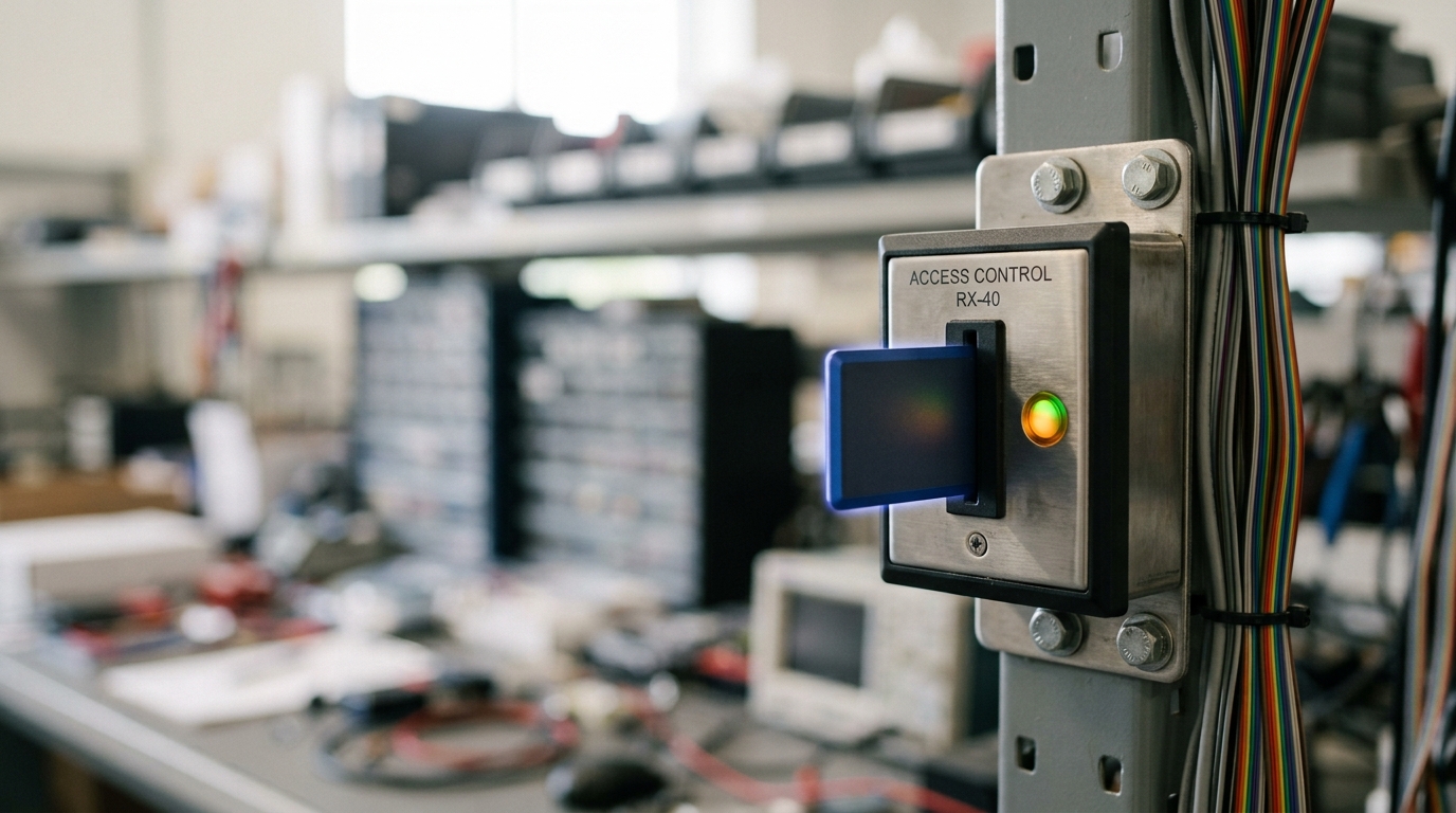 A small access-control terminal wired into a retrieval rack, a token caught half-inserted into its reader slot with the indicator light mid-change