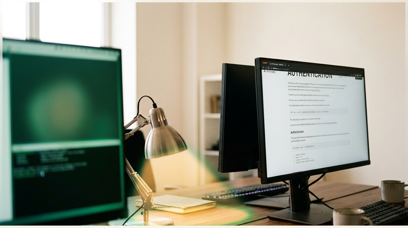 A second monitor showing an Anthropic documentation page about content provenance caught mid-scroll, the Anthropic wordmark visible in the header at an oblique angle