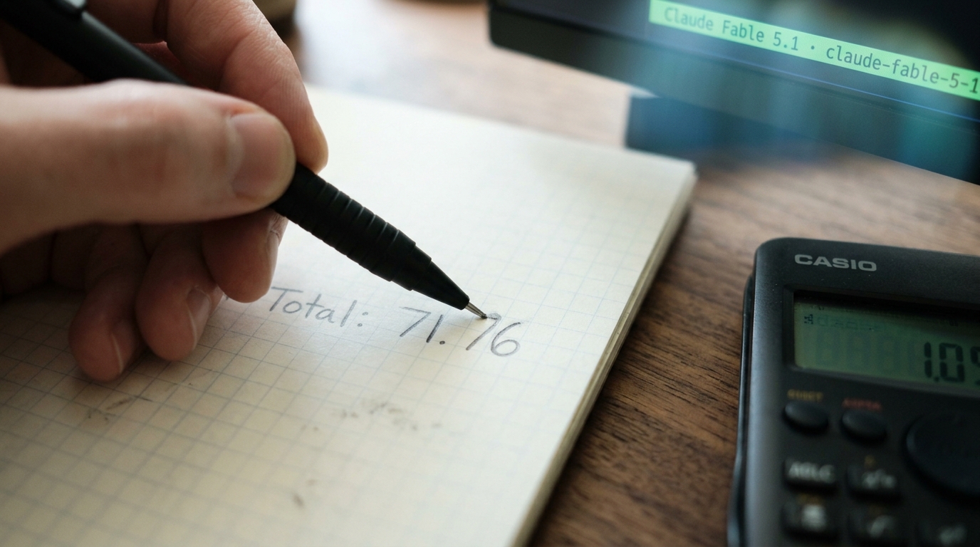 A spiral notebook open to a worked cost calculation beside a pocket calculator, the final total caught mid-write with the pen still touching the page