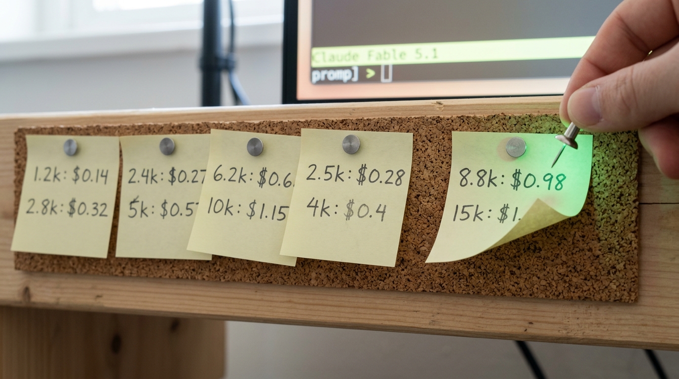 A cluster of sticky notes with hand-worked cache-read arithmetic pinned to a desk corkboard strip, one note caught mid-pin with its corner not yet flat