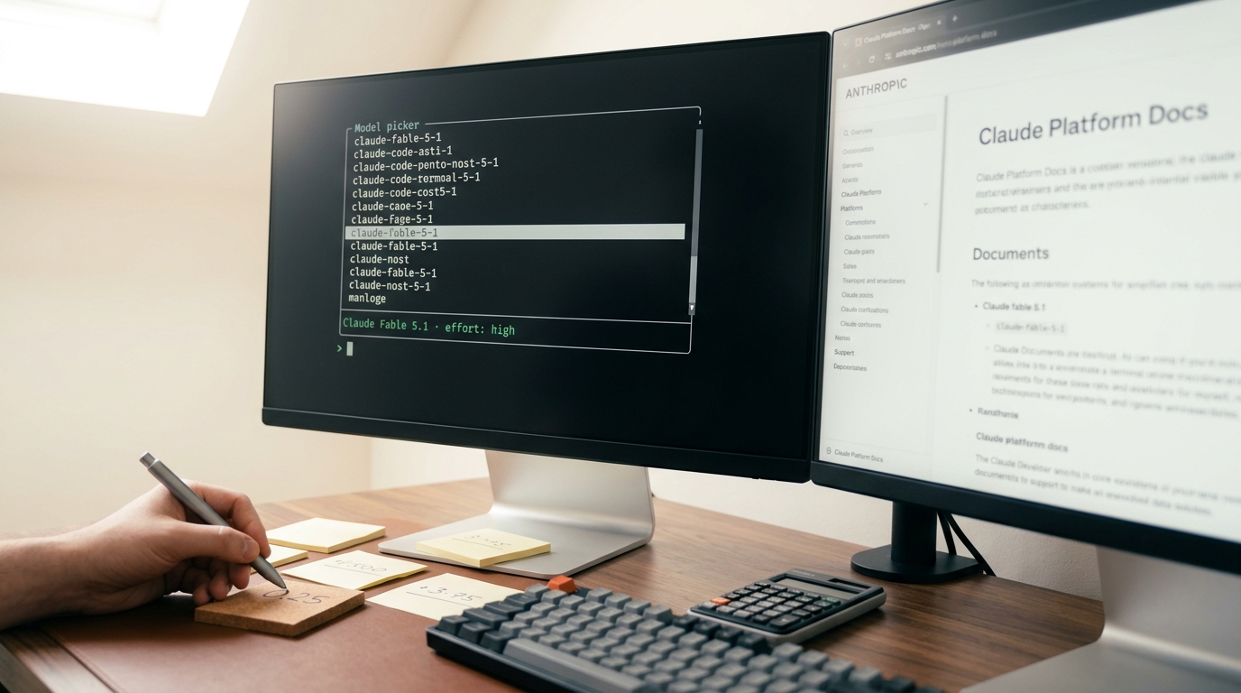 A two-monitor developer desk with Claude Code open in a terminal on the left screen and Anthropic's documentation open on the right, a hand-written sticky note with token-cost math caught mid-stroke on the desk between them