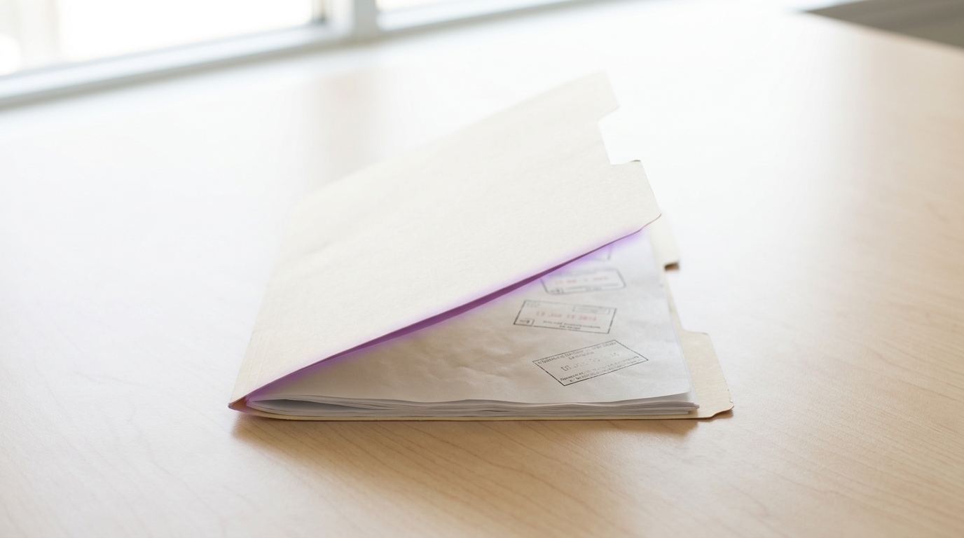 A regulatory approval folder on a bright desk with four separate jurisdiction stamps visible, caught being closed after the final stamp is added