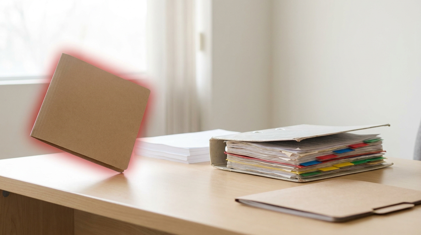 A closed acquisition-closing folder on a bright desk marked with a plain printed dollar figure, caught being set down beside an open binder of Marvell's existing XPU customer programs
