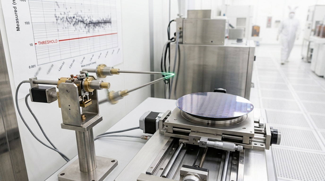 A full silicon wafer mounted as a single chip on a bright test bench, its edge caught being fitted into a custom oversized socket unlike any ordinary chip package