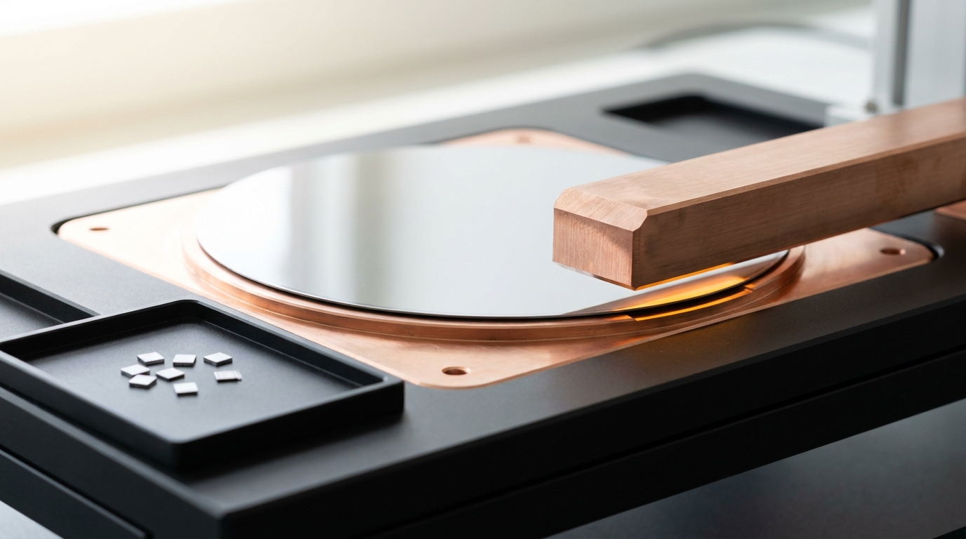 An uncut wafer-scale processor on a custom cooling plate in a bright lab, a comparison tray of ordinary small diced chips resting beside it for scale, a copper busbar caught being lowered toward the wafer's edge