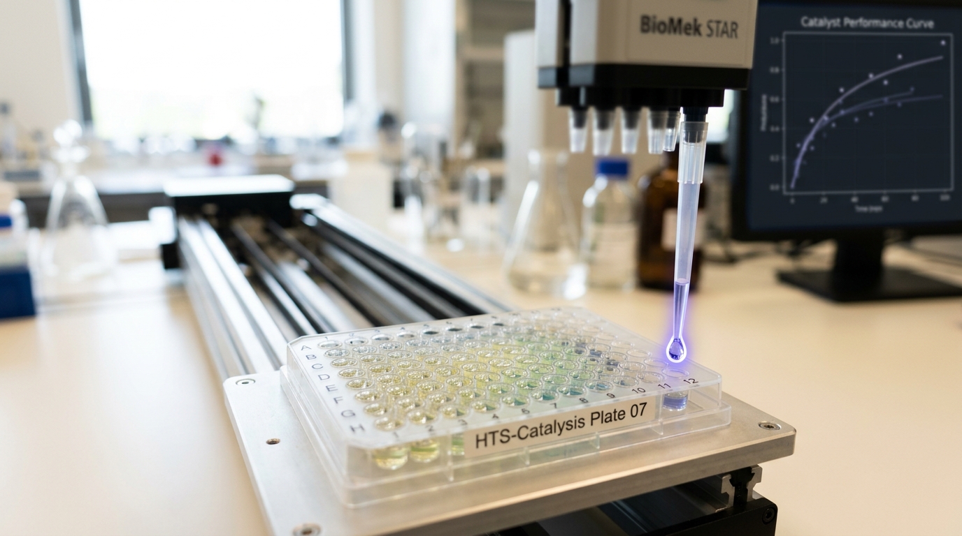 A high-throughput catalyst screening tray with most wells loaded and one pipette tip withdrawing mid-dispense.