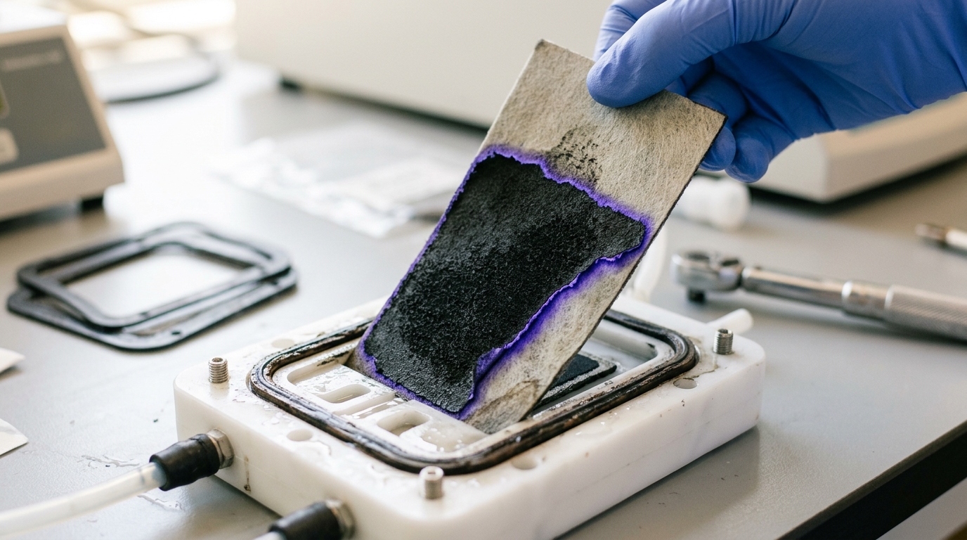 A cutaway gas-diffusion electrode assembly held up to daylight showing its layered structure.