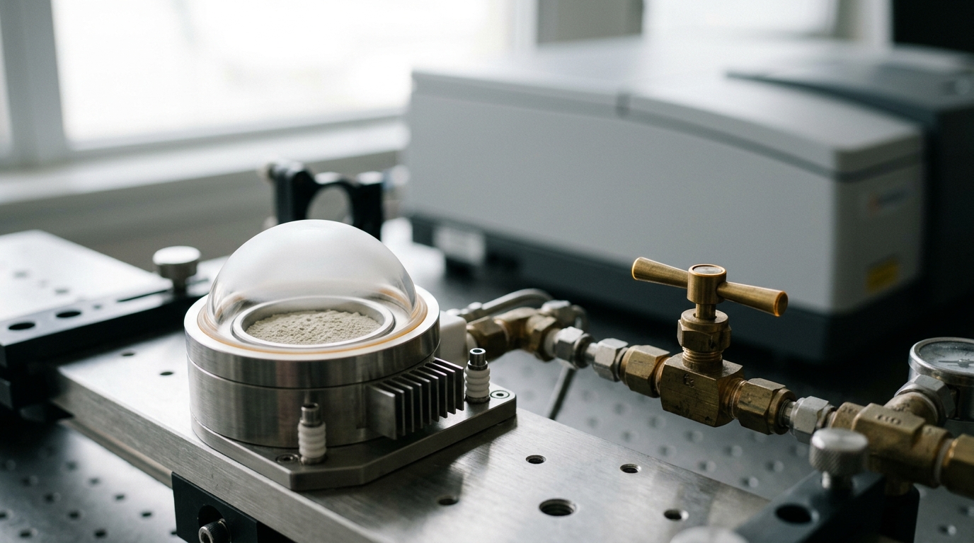 A bench-scale electrocatalysis flow-cell test bay mid-measurement, one cell under compression with cables live.