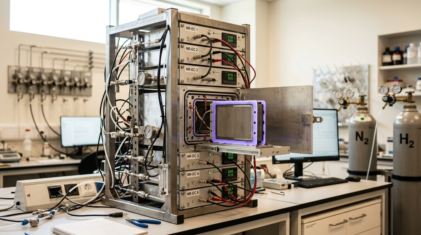 A stacked bank of small nitrogen-reduction electrolysis cells with one panel open for inspection.