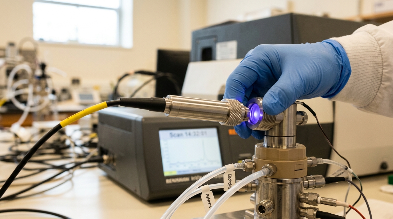 An in-situ Raman probe being threaded into a port on an electrochemical cell housing during a live measurement.