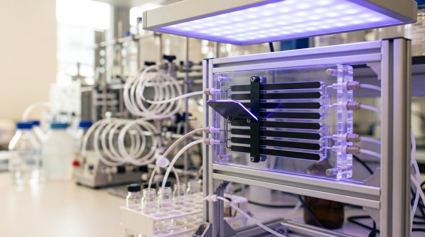 A photocatalytic flow reactor under a bank of LEDs, one section still shadowed as a shutter closes.