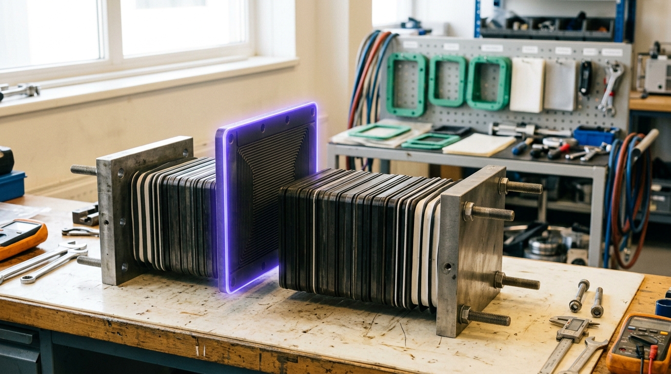 A technician's-eye view of an open pilot-scale electrolyzer stack with one bipolar plate lifted for inspection.