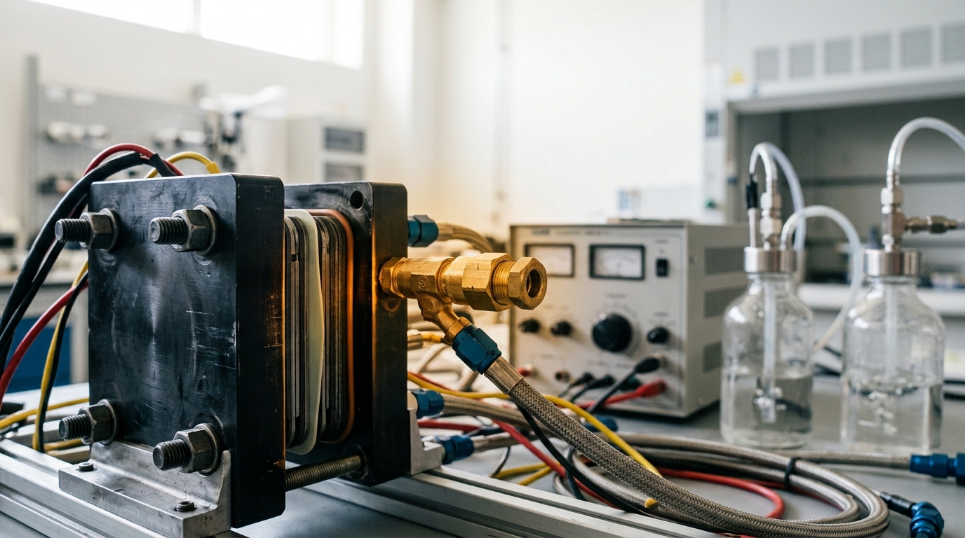 An accelerated stress test rig cycling a fuel-cell membrane electrode assembly, a coolant line fitting mid-tighten.