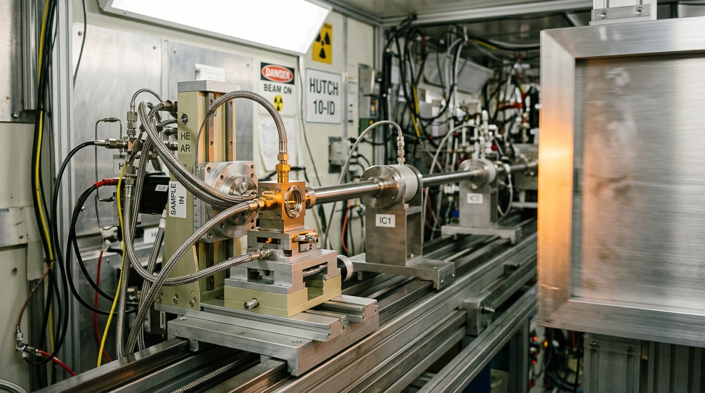 A synchrotron beamline hutch interior with a sample stage and ion chambers, one shutter panel still sliding shut.