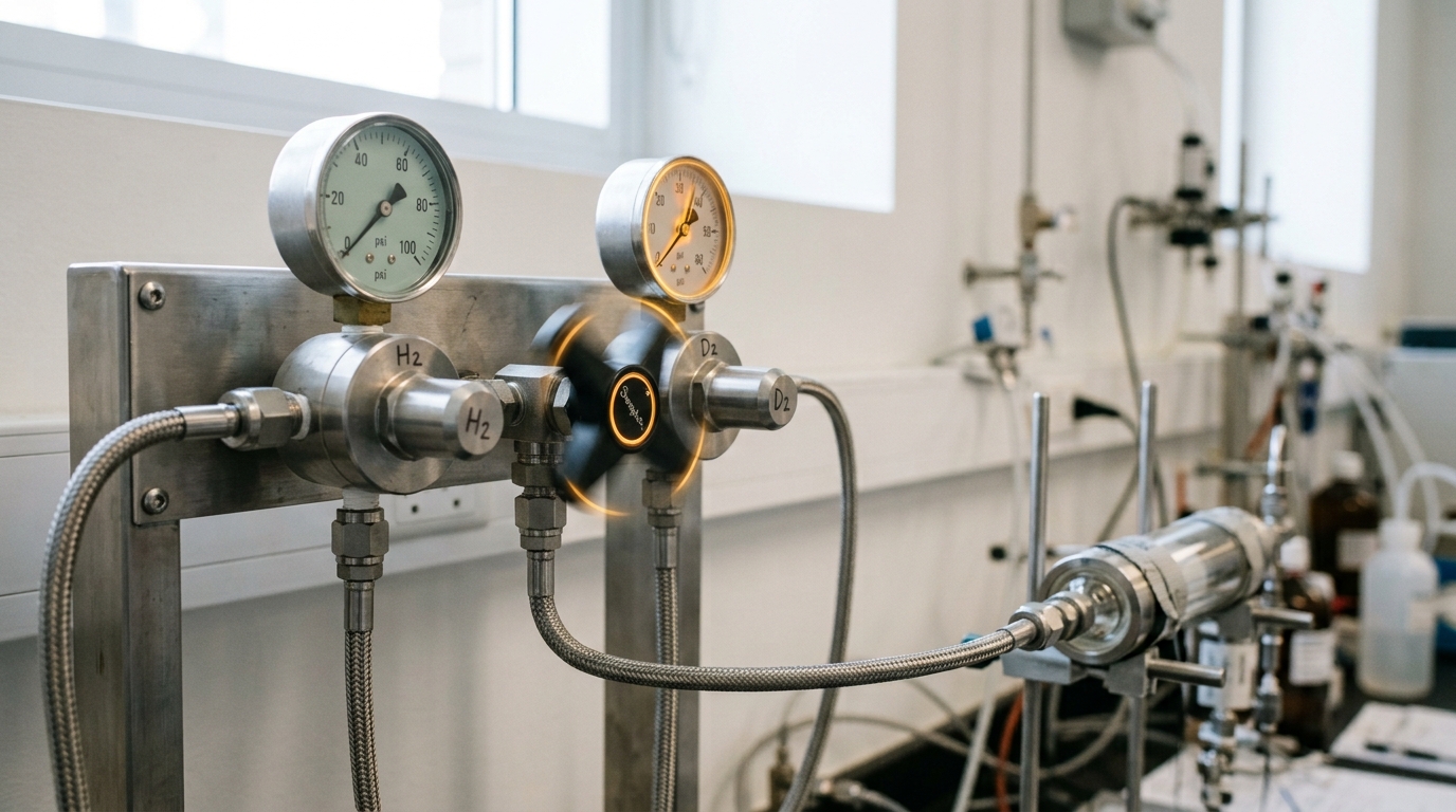 A gas manifold with paired deuterium and hydrogen cylinders feeding a shared reactor line, one valve mid-turn.
