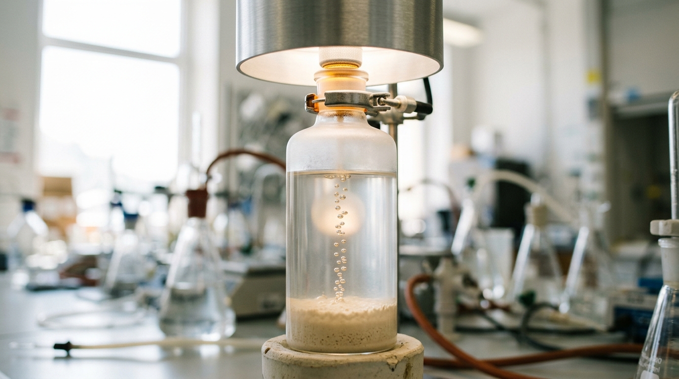 A slurry photoreactor under a solar simulator lamp, a gas bubbler line just starting to release a stream of bubbles.