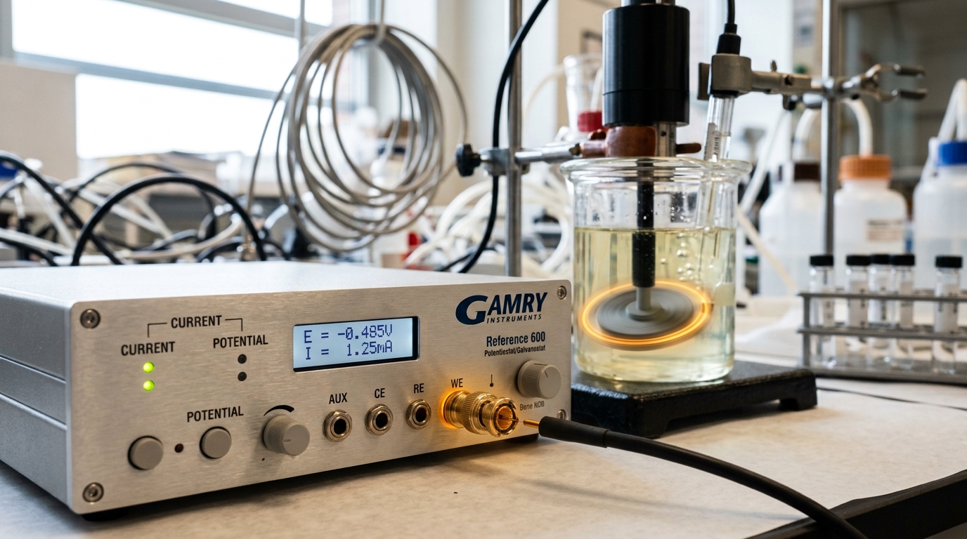 A potentiostat bench with a rotating disk electrode spinning in a glass cell, a data cable connector half-seated.