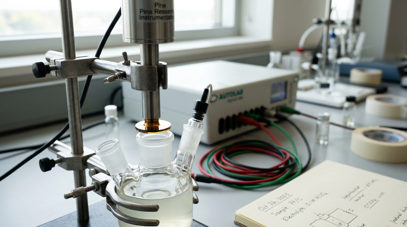 A rotating disk electrode assembly lowering into an electrochemical glass cell on a lab bench, mid-lower with its shaft still catching light.