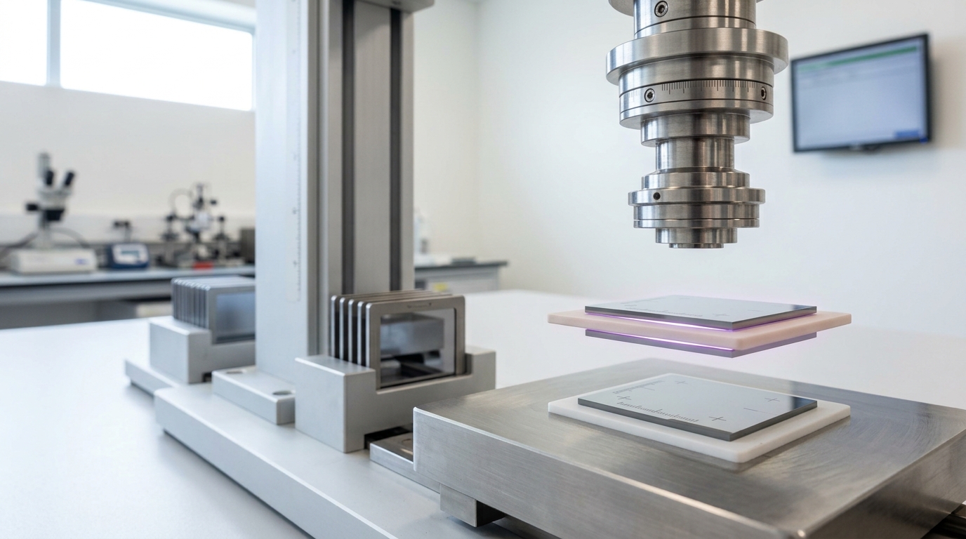 A hybrid-bonding aligner in a bright R&D lab holding two small silicon coupons a hair's width apart above a bonder chuck, their polished bond faces not yet touching