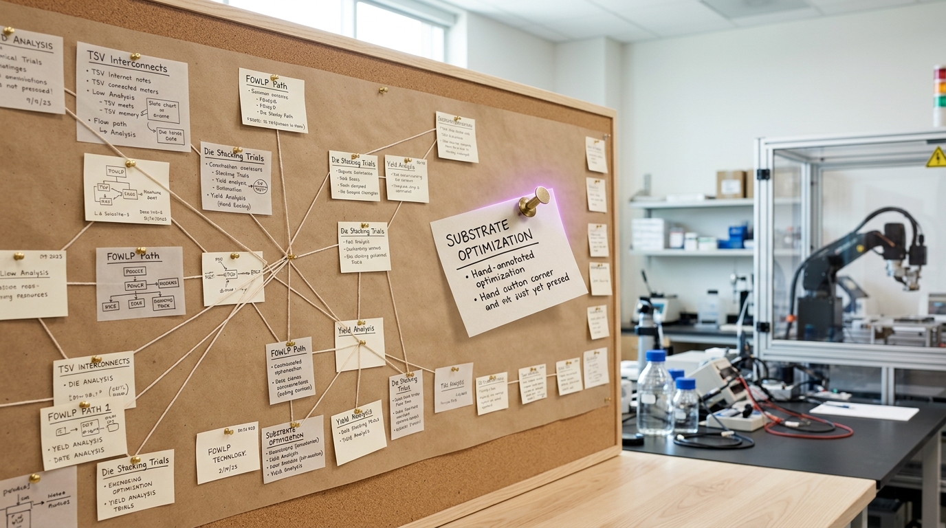 A roadmap wall-chart in the R&D lab, a sheet of kraft paper pinned to a corkboard with small annotated cards linked by string, one card caught under a pushpin not yet pressed flush
