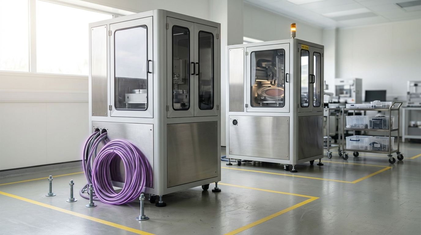 A capacity-expansion bay in an R&D-adjacent packaging lab, a second bonder tool standing on its levelling feet not yet bolted to the floor beside an existing bonder already running, its power and vacuum lines still coiled and undressed