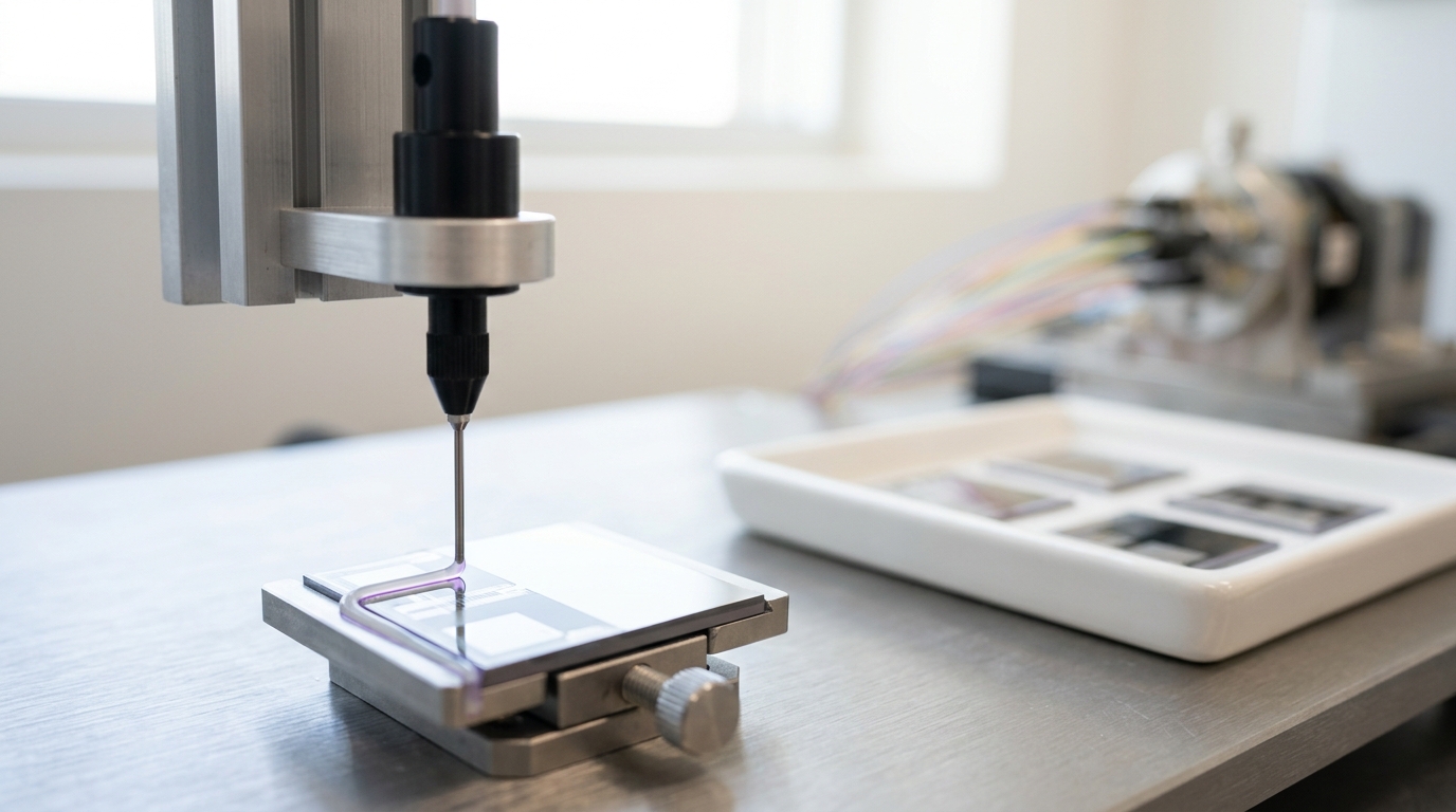 A materials trial bench with a dispense arm mid-deposit laying a bead of an alternative polymer bonding material onto a small test coupon, a tray of standard inorganic bonding coupons beside it and an optical coupling test rig soft in the background