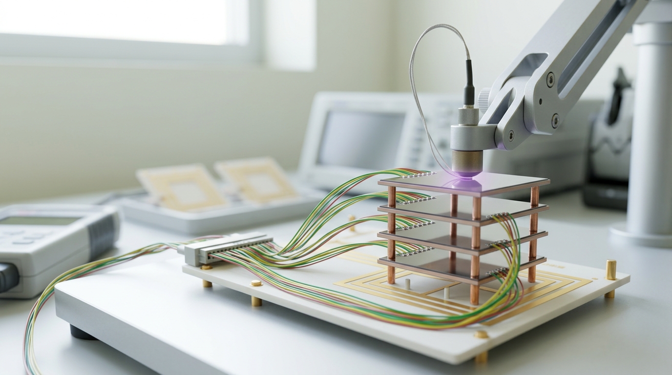 A stacked-die thermal test fixture on an R&D bench, an instrumented sensor head lowered so it has just touched the topmost die of a short vertical stack while the tiers below sit wired but untouched
