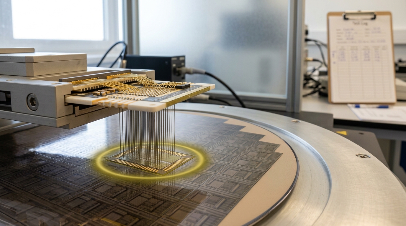 A wafer probe card descending toward a die on a known-good-die test wafer, mid-contact, in a bright test lab