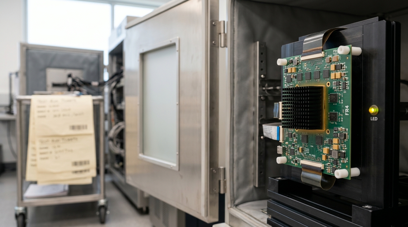 A populated chiplet test board loaded into a thermal burn-in chamber, mid-cycle, in a bright lab