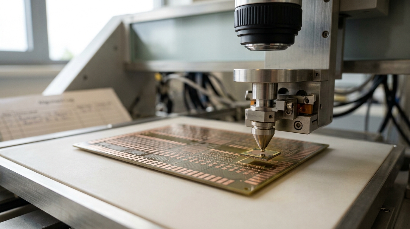 A die bonder pick-head aligning a chiplet over an interposer under a split-field microscope, just before hybrid-bond contact