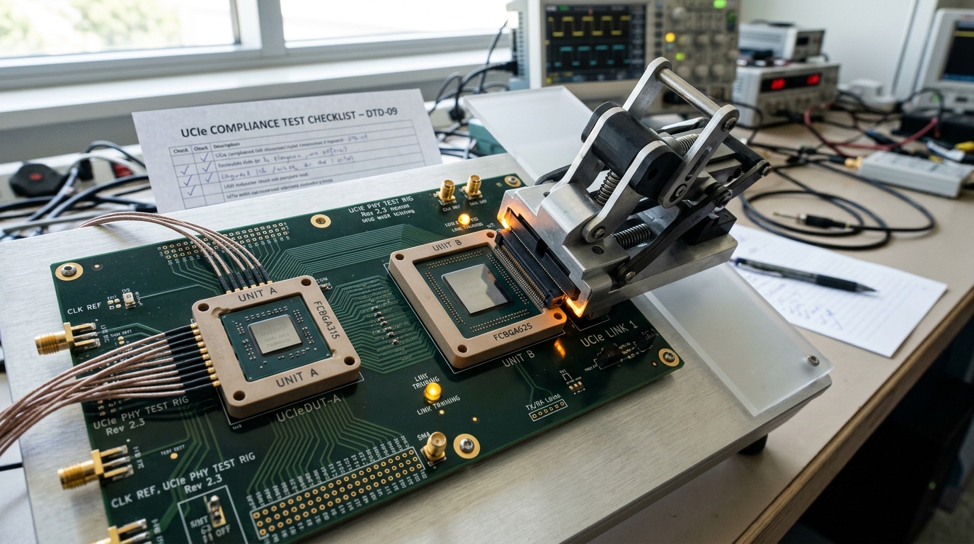 A UCIe interoperability compliance test board with two chiplets from different vendors cabled into one rig