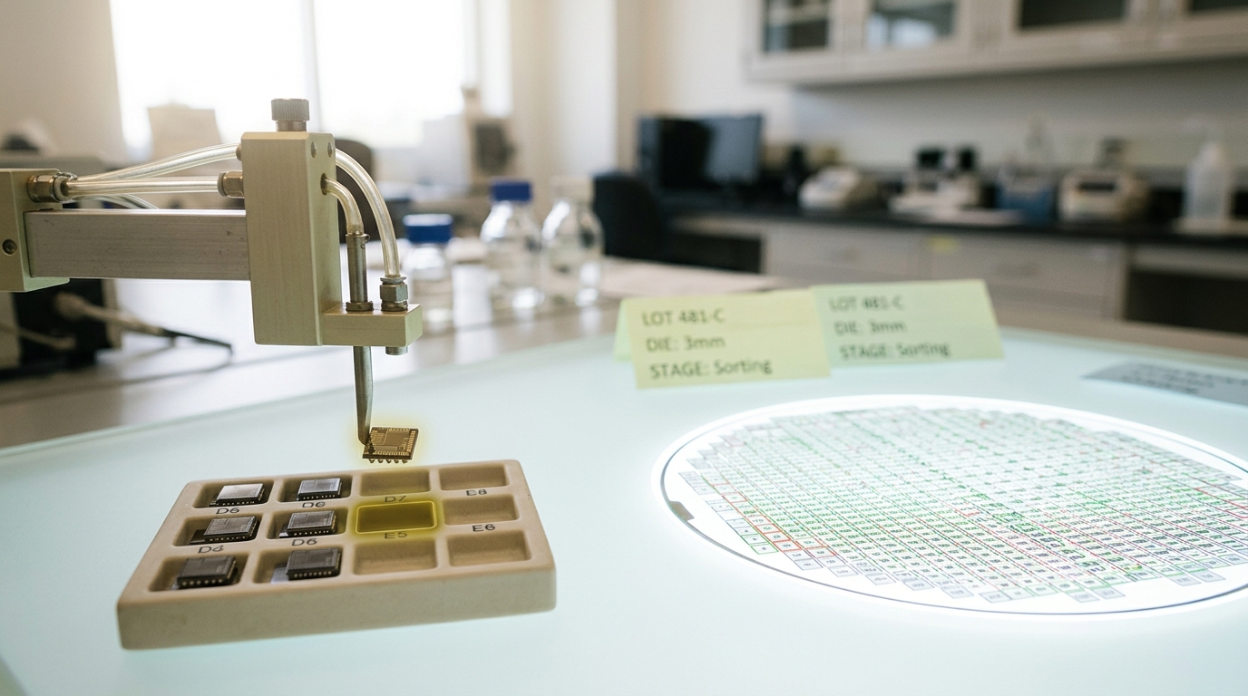 A wafer die map light table with sorted known-good-die trays, one tray still partway filled