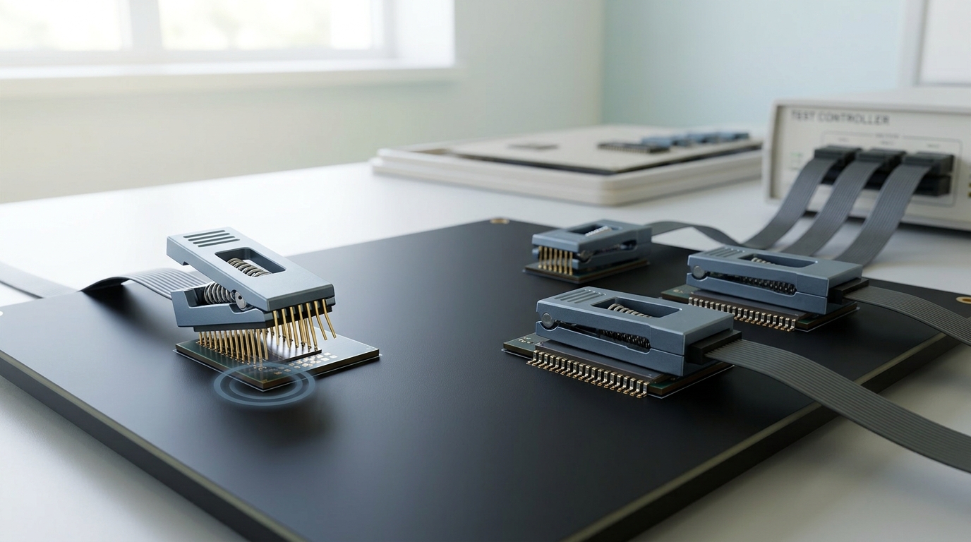 A boundary-scan test harness on a bring-up bench, its spring clip caught mid-close over one die's test pins on a multi-die evaluation board while the harnesses on the neighbouring dies already sit fully seated