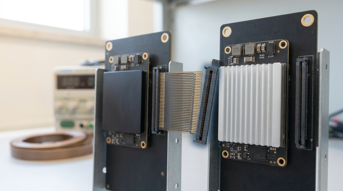 Two chiplet evaluation boards of visibly different manufacture on a bring-up bench, joined by a flexible interconnect ribbon whose connector is caught part-inserted into the second board's socket