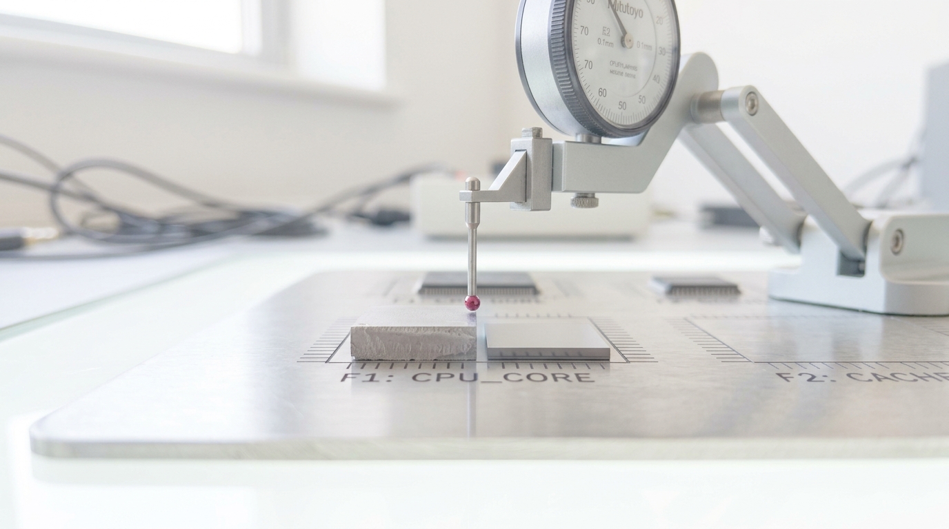 Two mechanical-sample chiplets of visibly different thickness set side by side at one candidate footprint on a floorplanning template, a height gauge lowered to measure the step between their top surfaces