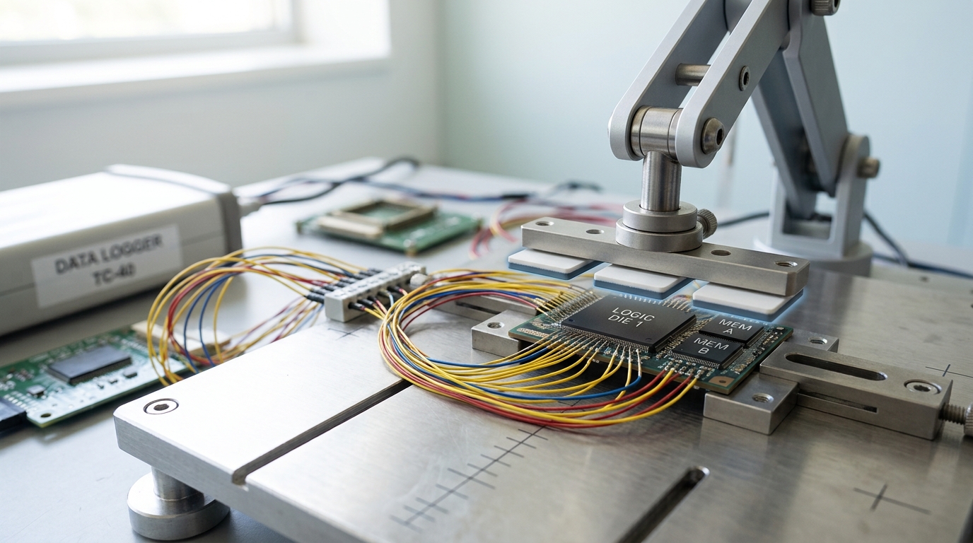 An articulated heat-flux sensor array lowered over an instrumented multi-die package, one sensor pad already touching the die beneath it while the neighbouring pads in the array still hover a fraction clear