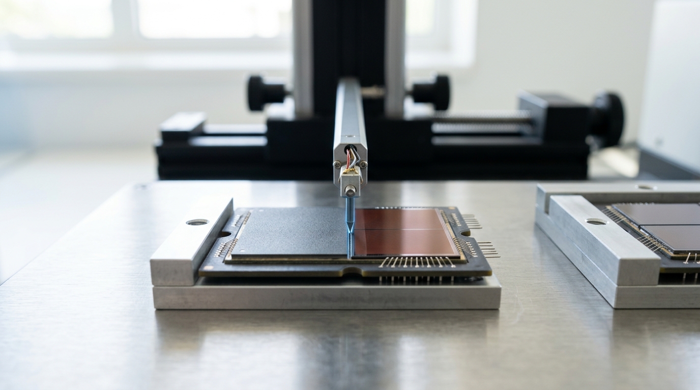 A fine contact-profile gauge sweeping across the seam between two dissimilar dies on a packaged multi-die assembly, its stylus caught mid-sweep just past a small step in surface height at the seam