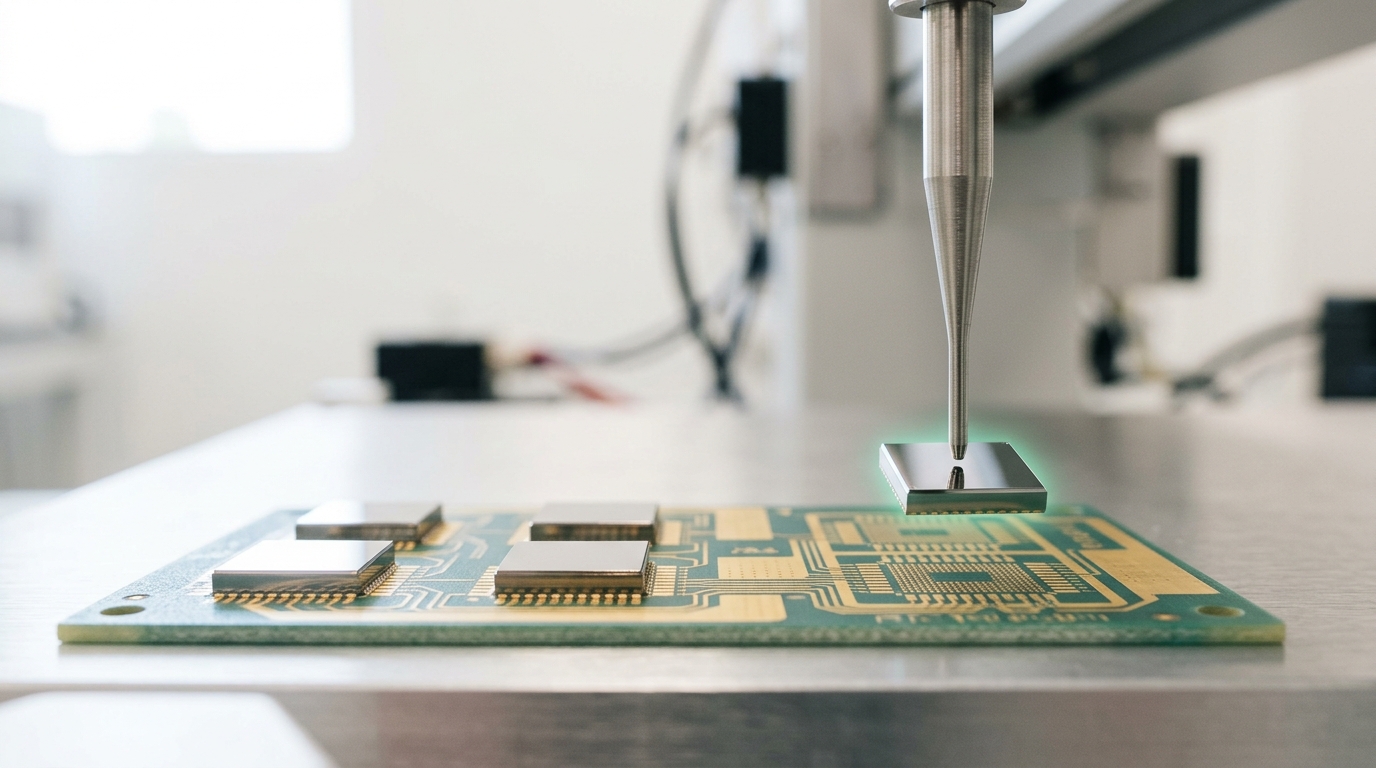 A yield-sort tray in a bright lab divided into two zones, one holding several small working chiplets and the other holding a single large die marked as defective, the two zones' total silicon area visibly comparable