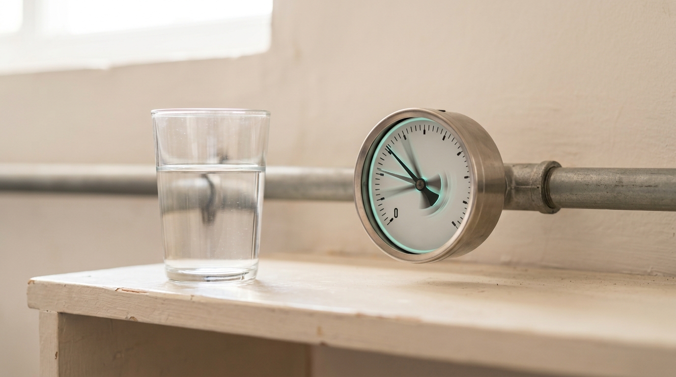 A plain glass of clear water beside a small analog flow gauge on a fab-utility-room shelf, the gauge needle caught mid-rise rather than resting at its final position